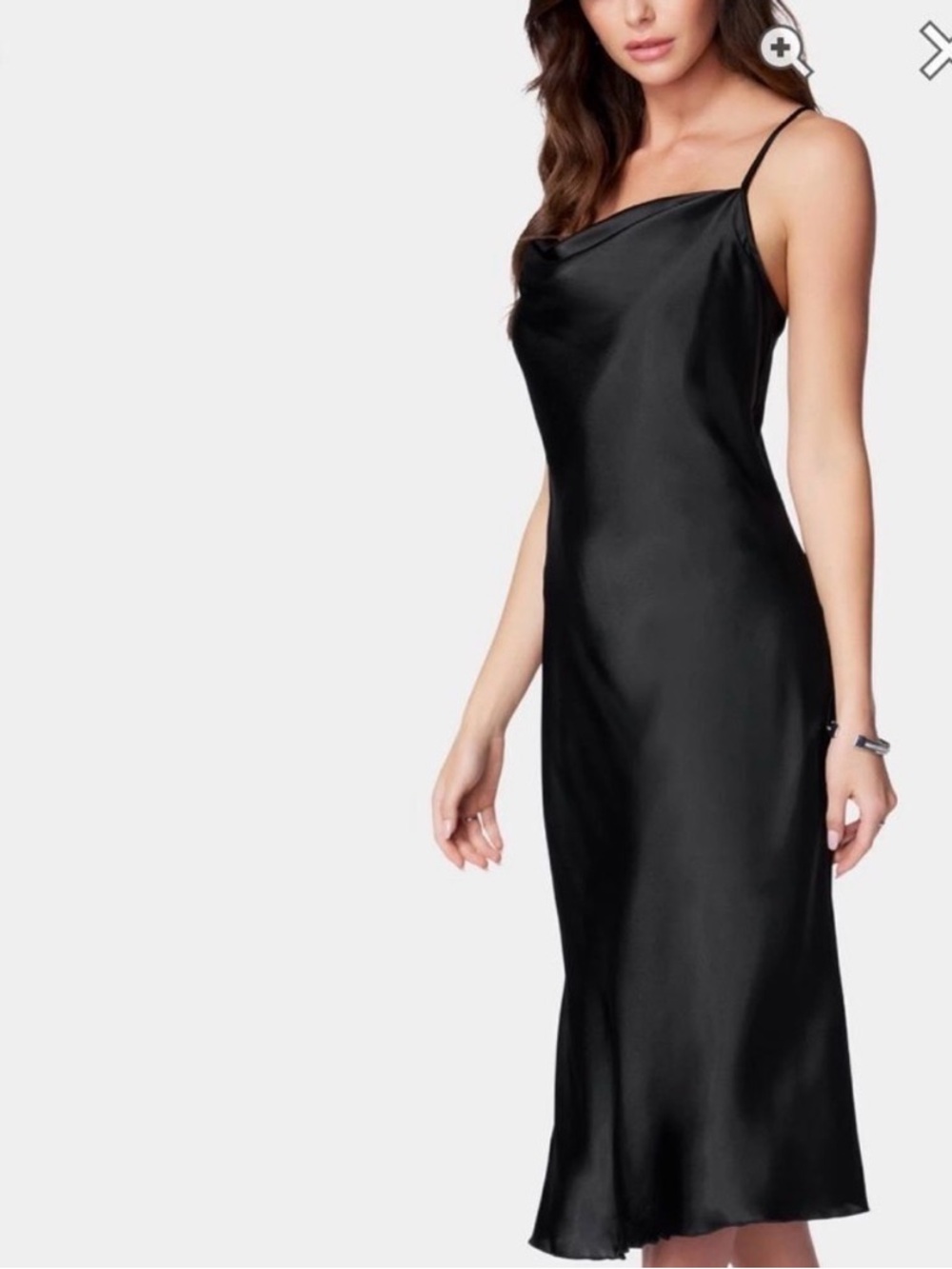 Francesca's Collections Black Satin Slip Midi Dress with Cowl Neck